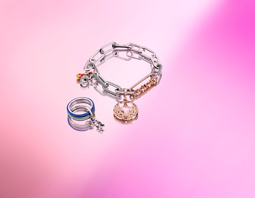 Pandora ME Link Bracelets with 14k rose gold-plated Charm and Blue Ring