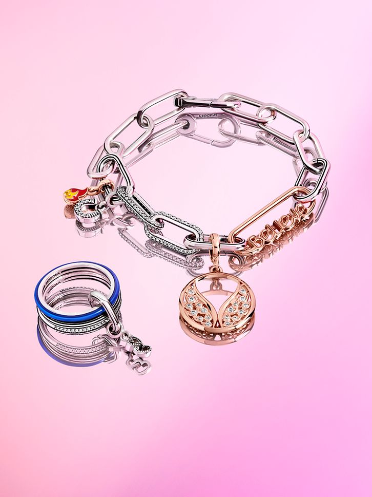 Bracciali a catena Pandora ME con charm con placcatura in oro rosa 14k e anello blu