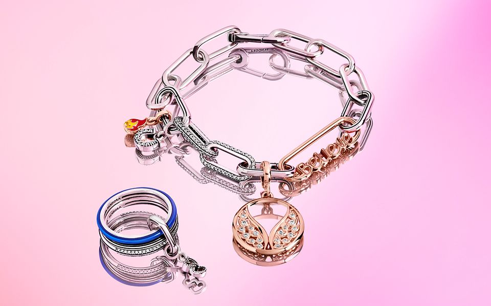 Pulseras de eslabones de Pandora ME Link con charm con recubrimiento de oro rosa de 14K y anillo azul