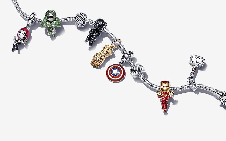 Silver Avengers-inspired bracelet with Marvel heroes charms