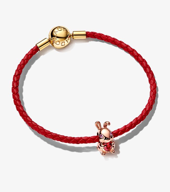 Red leather bracelet with rabbit charm