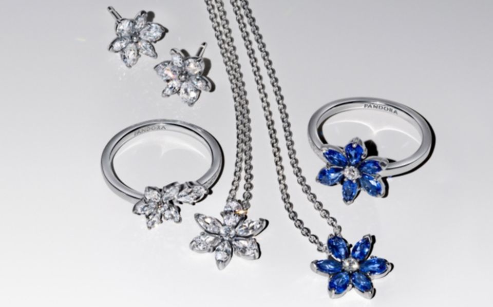 Par af ringe, øreringe og halskæder i blomstersølv og blåt fra pandora BE LOVE