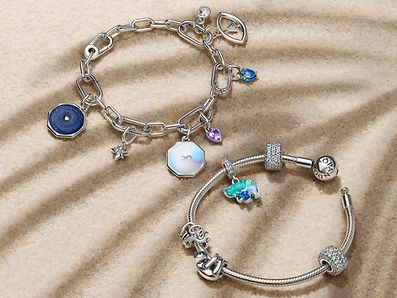 Pandora summer silver and blue bracelets and charms collection.