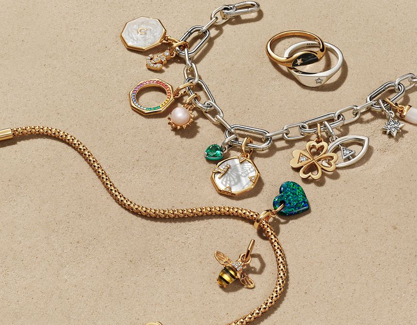 Pandora summer green silver gold bracelets and rings collection.
